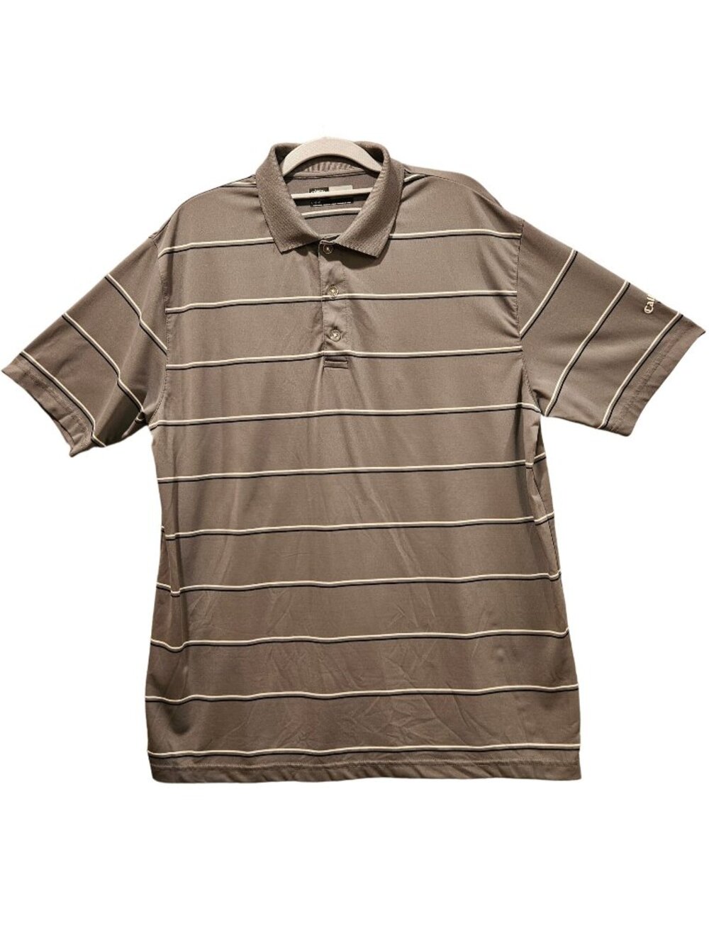 Callaway opti-dri golf polo Mens L Grey white Black Stripes 1/4 button collar lo